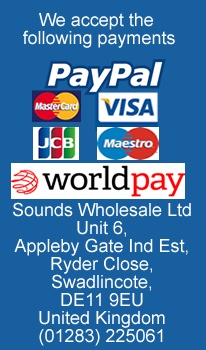 We accept Visa, Mastercard, JCB, Maestro via Worldpay. Sounds Wholesale Ltd, Unit 6, Appleby Gate Ind Est, Ryder Close, Swadlincote, DE11 9EU. (01283) 225061